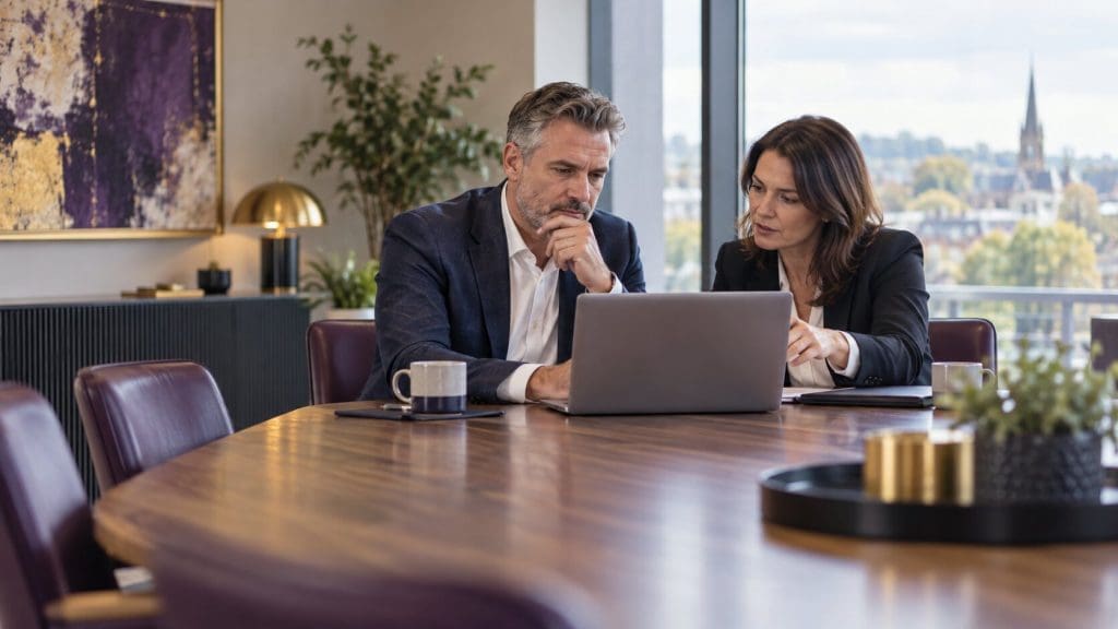 Founder reviewing a strategic financial decision with a trusted adviser