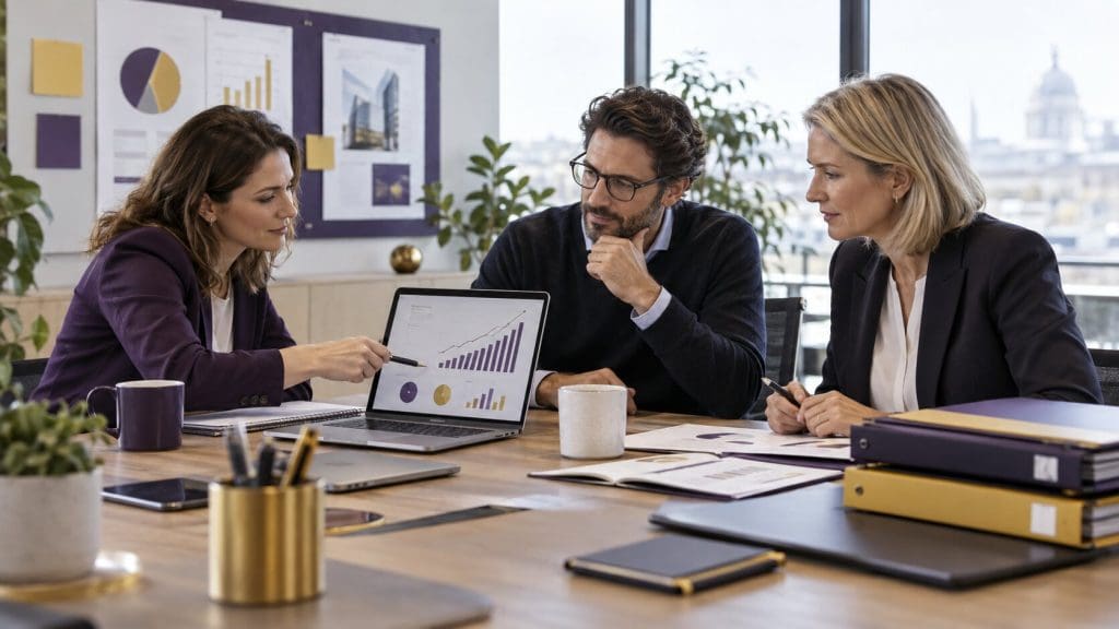 Founder and advisers reviewing forecasts in preparation for investment