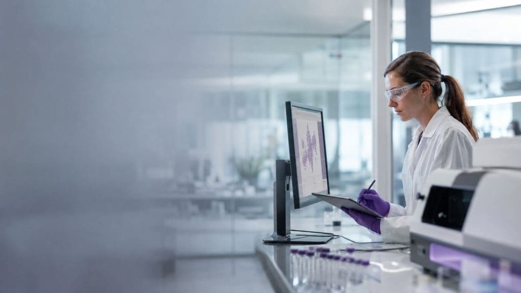 Healthtech researcher analysing scientific data in a laboratory