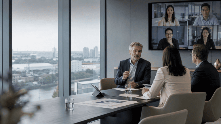 International business leaders reviewing UK financial reporting and expansion plans